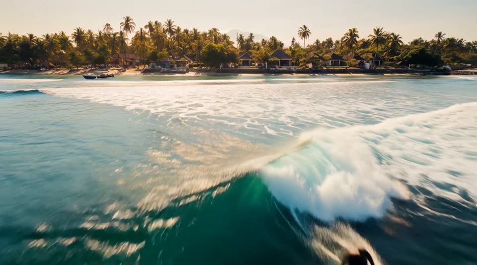 Surfer w tubie fali o wschodzie słońca